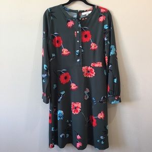 LOFT Green Floral Dress with Henley Ruffle Front