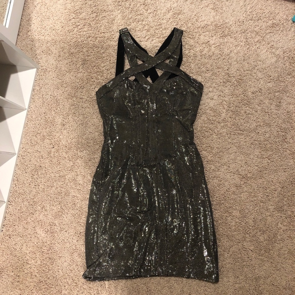 Bebe 2B dark gold metallic mini dress