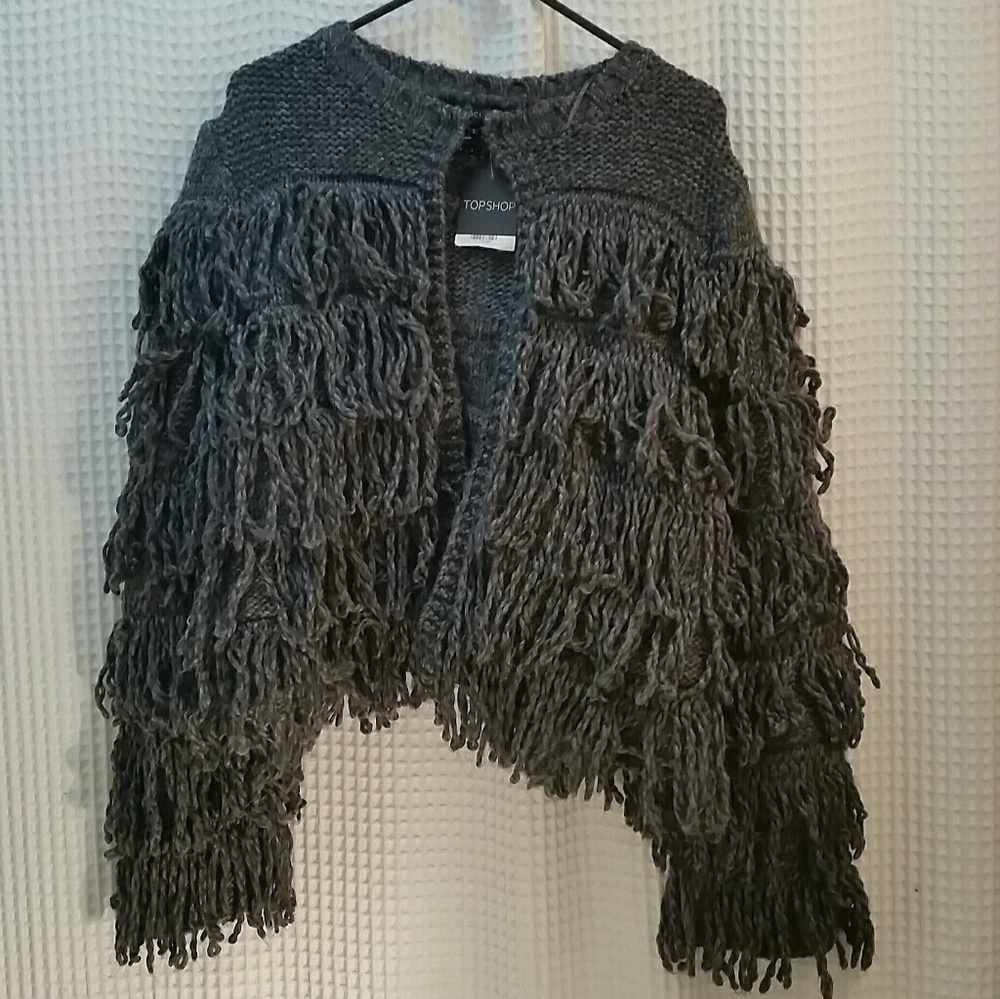 Topshop charcoal grey fringe sweater size 10 NWT
