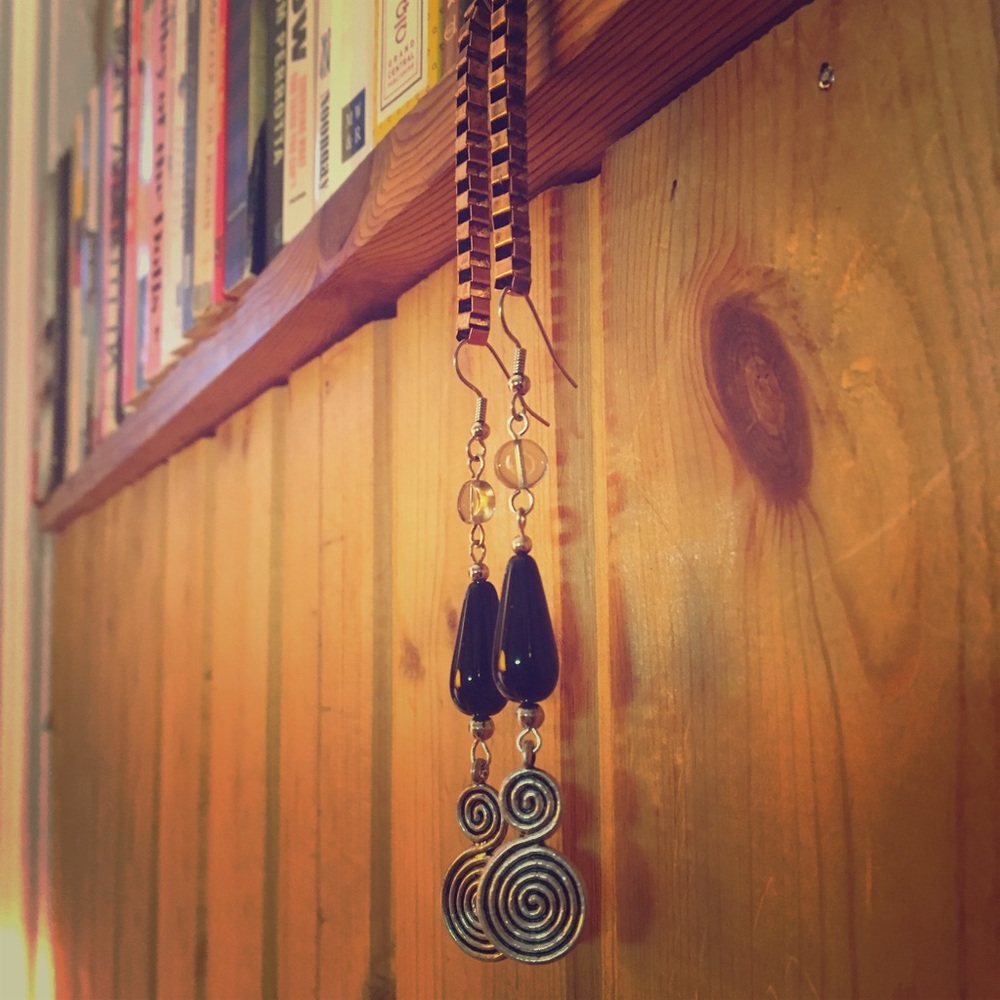 Handmade Smoky Black Glass & Metal Swirl Earrings