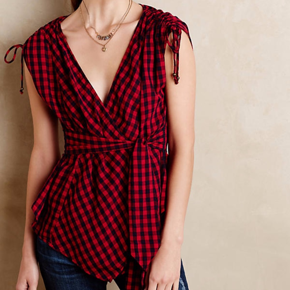 Anthro Holding Horses Red Wrapped Gingham Top