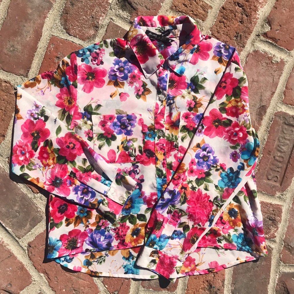 🆕 Bright Floral Sheer Button Down Top