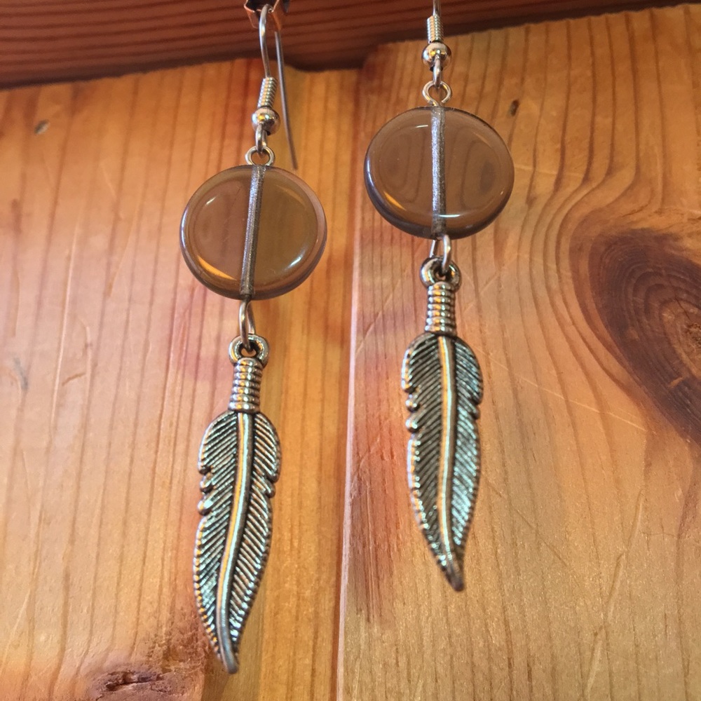 Handmade Smoky Glass & Feather Earrings - Picture 3 of 8