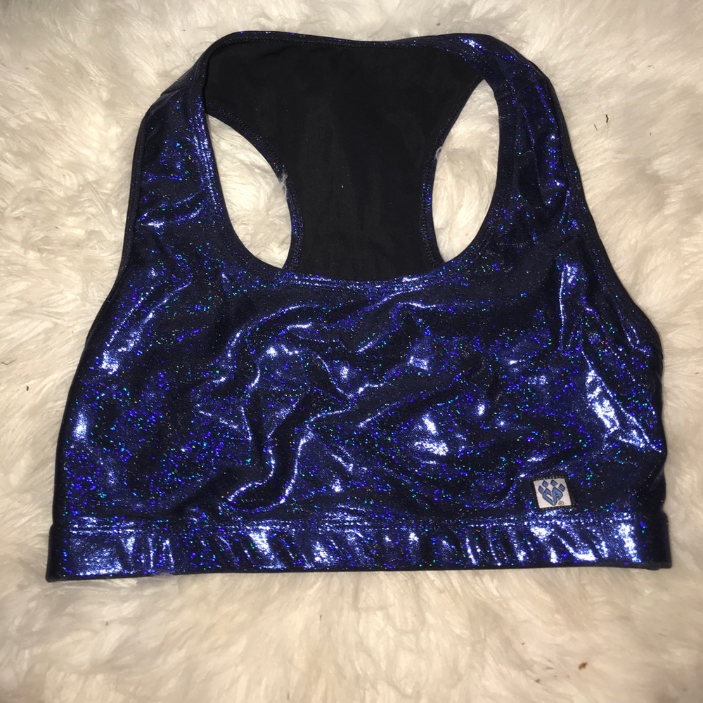 Sparkly blue cheer athletics sports bra