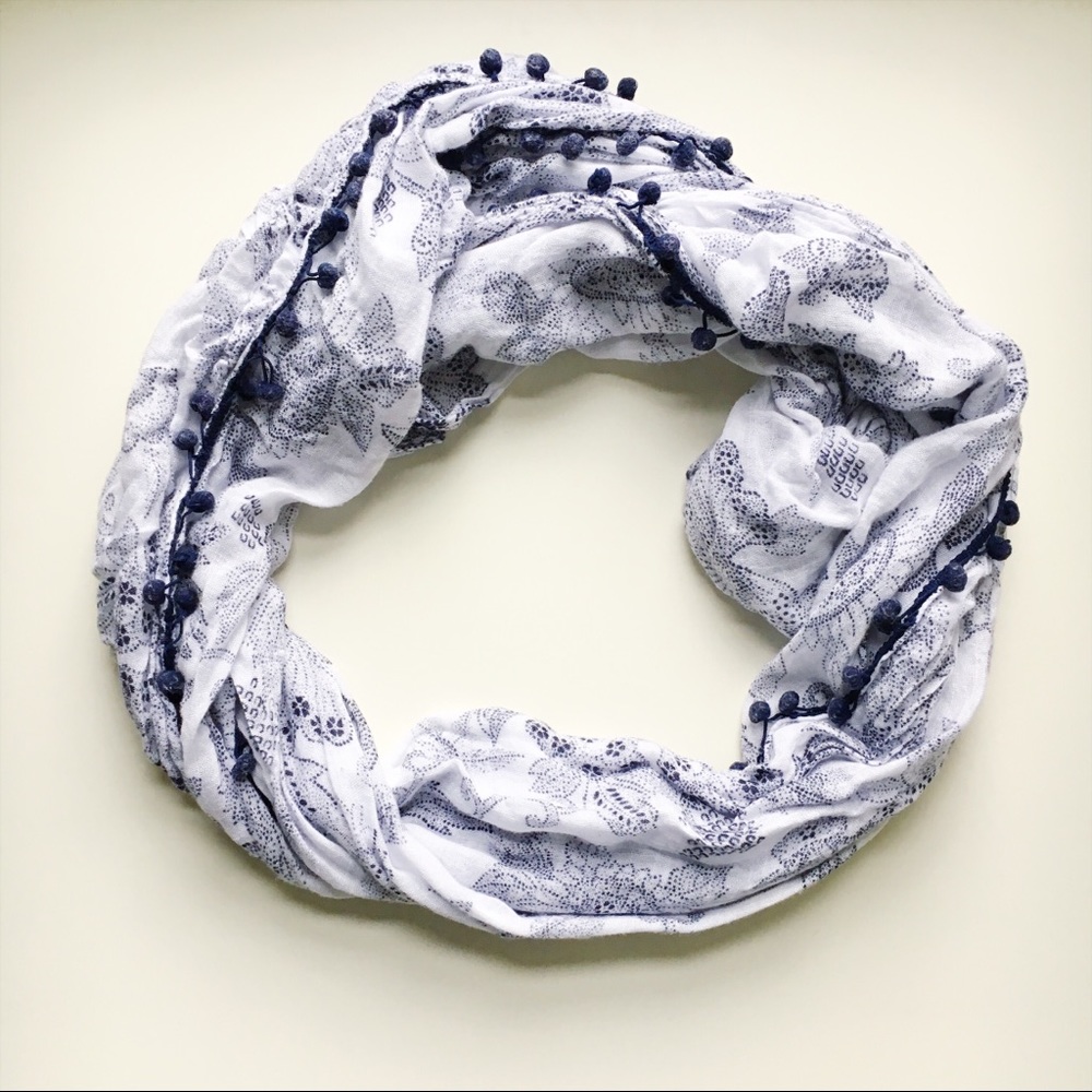 Blue & White Toile Pom-Pom Scarf