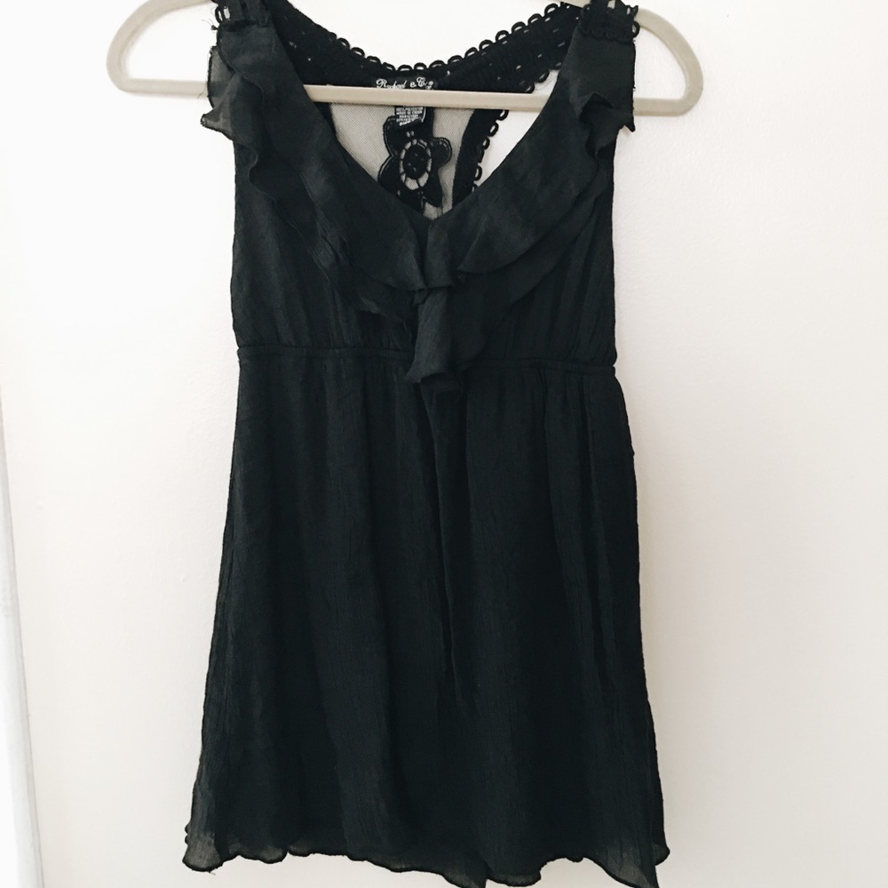 Black ruffle V neck top sheer racer back