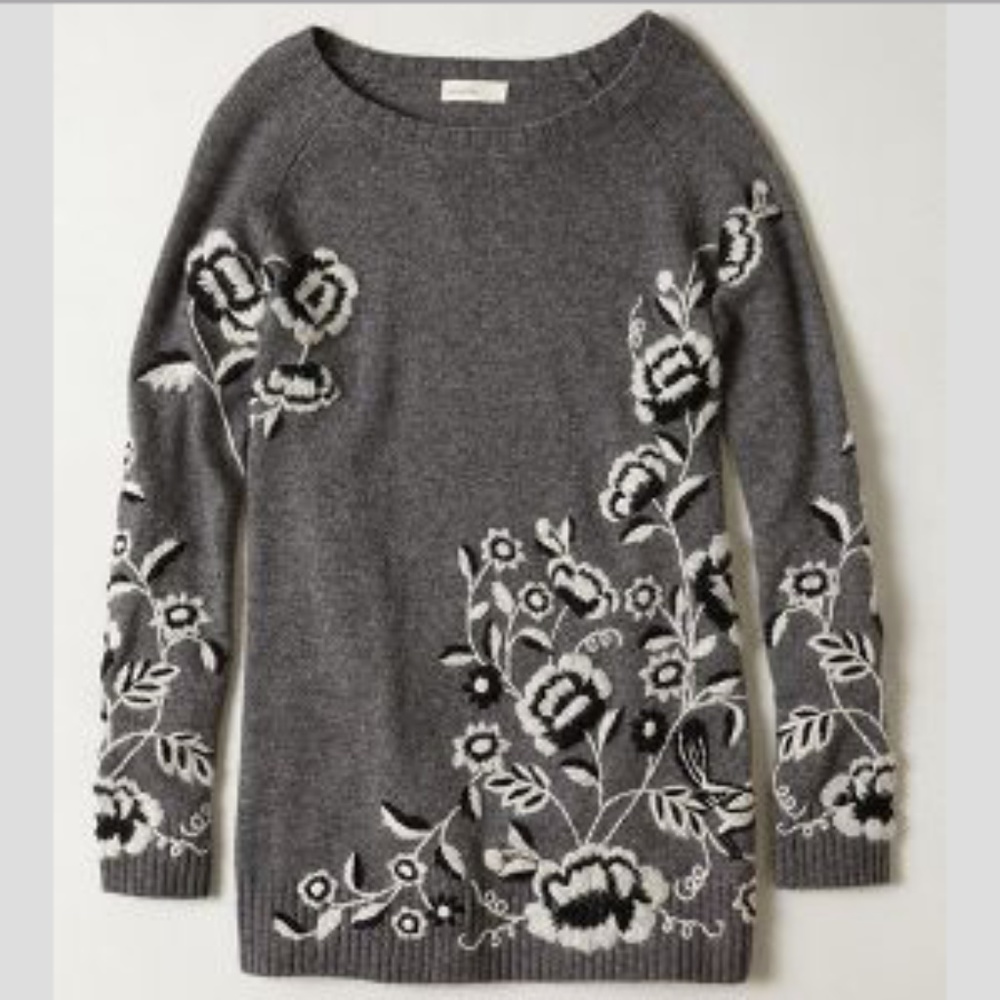 Anthro Grey Embroidered Wool Tunic Sweater B&W