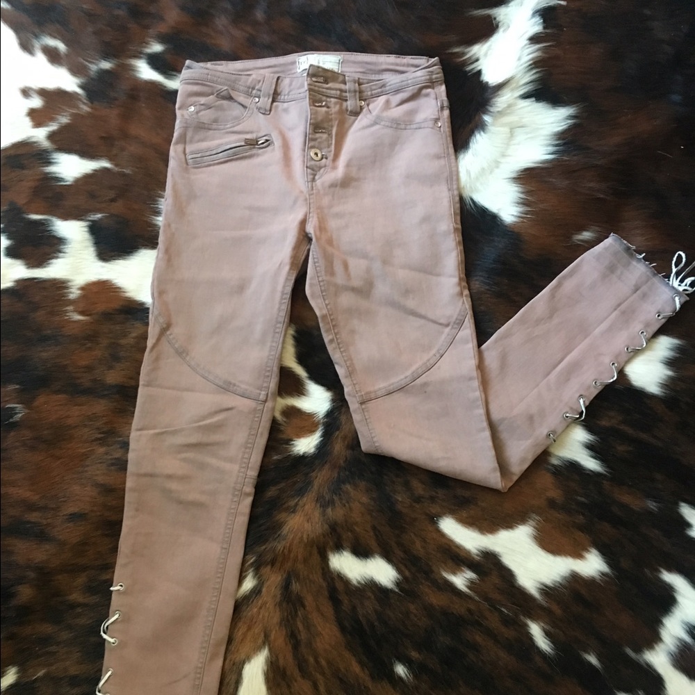 Free People Dusty Rose Skinny Moto Lace-Up Jeans