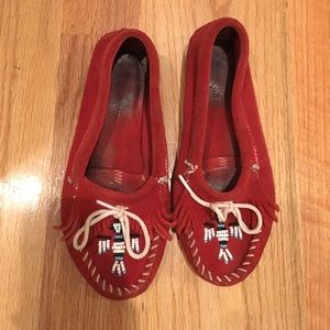 Minnetonka Beaded Red Suede Moccasins