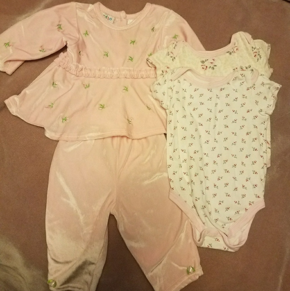 Cradletogs 6-9 mths pink outfit & 2 rose onesies