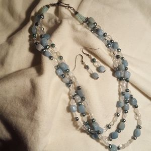 Silver, pearl & semi precious necklace & earrings