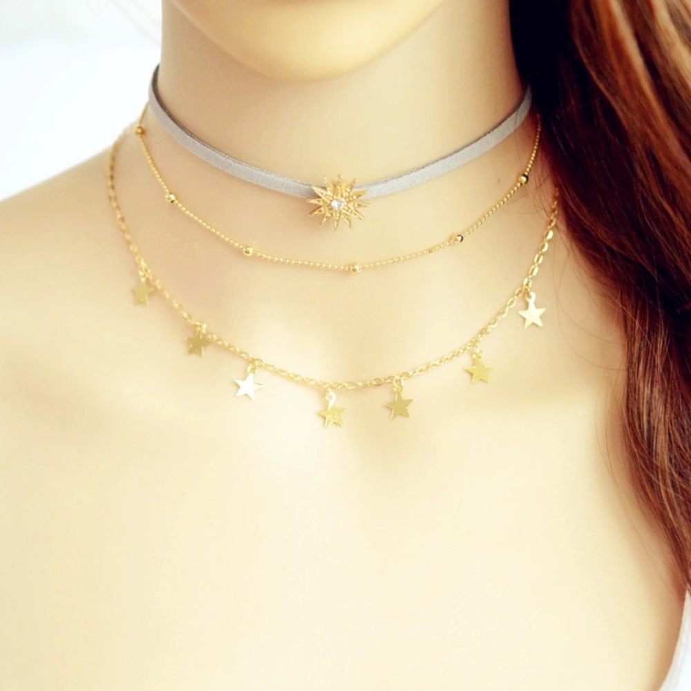 New Gold 3 Layered Star Choker Necklace - Picture 3 of 6