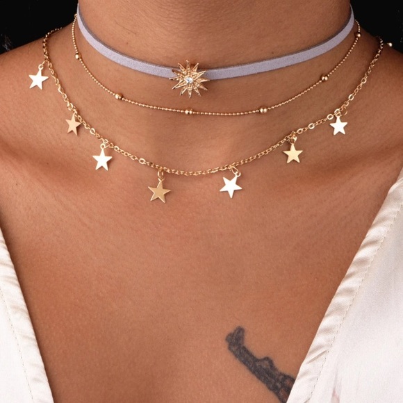 New Gold 3 Layered Star Choker Necklace - Picture 2 of 6