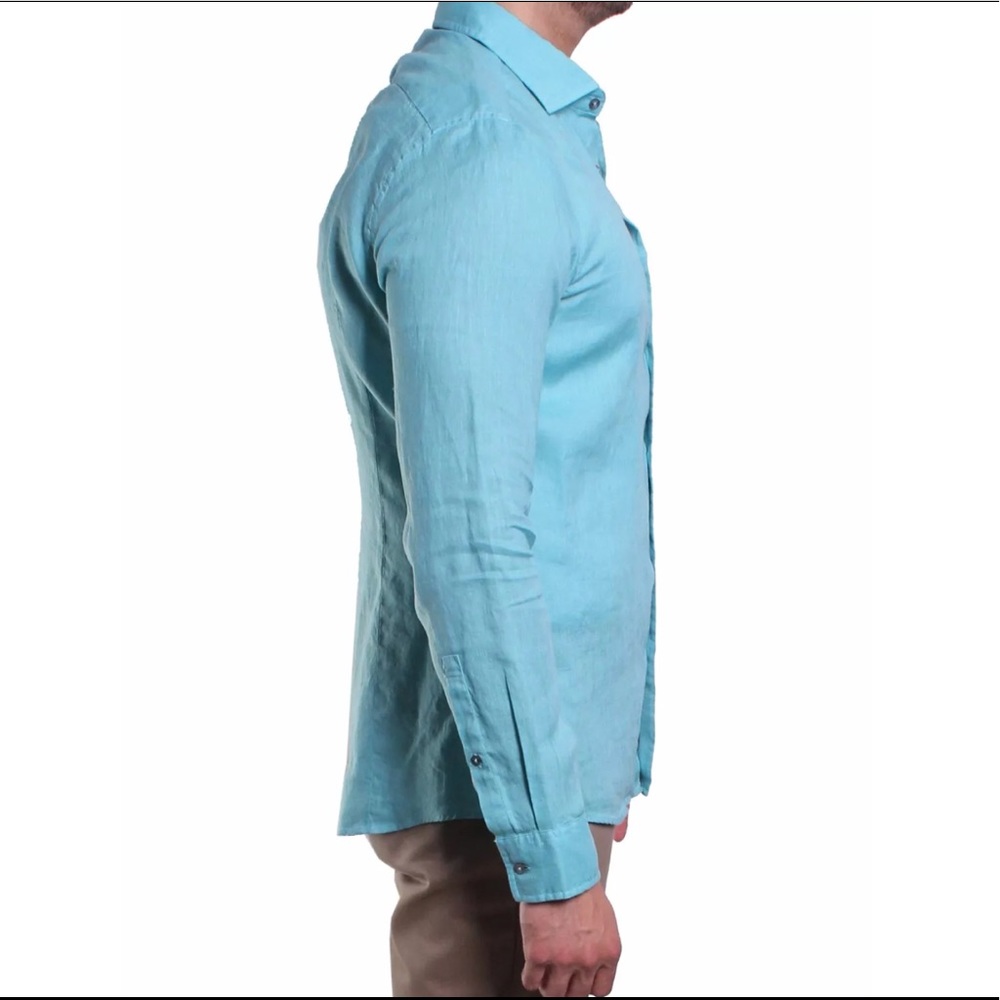 Michael Kors Men’s Aqua Linen Button-Up Size L - Picture 2 of 3