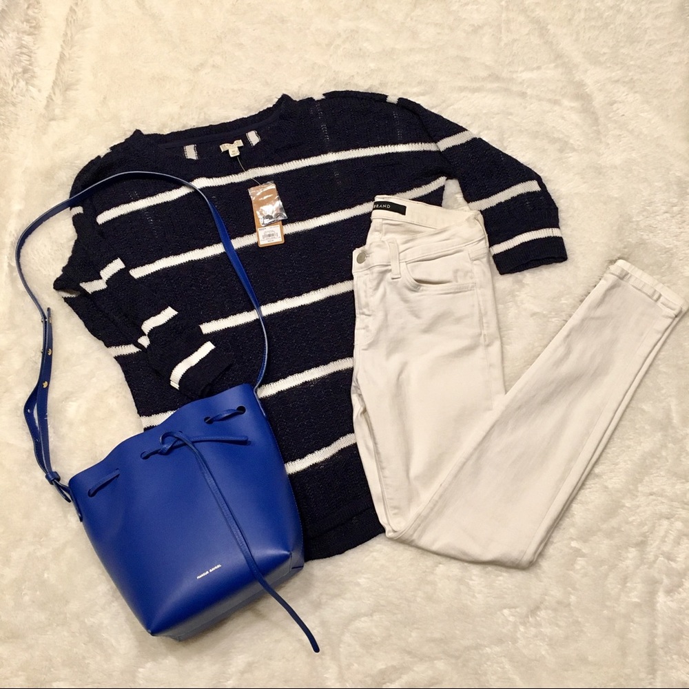 Navy and White Striped Open Knit Sweater