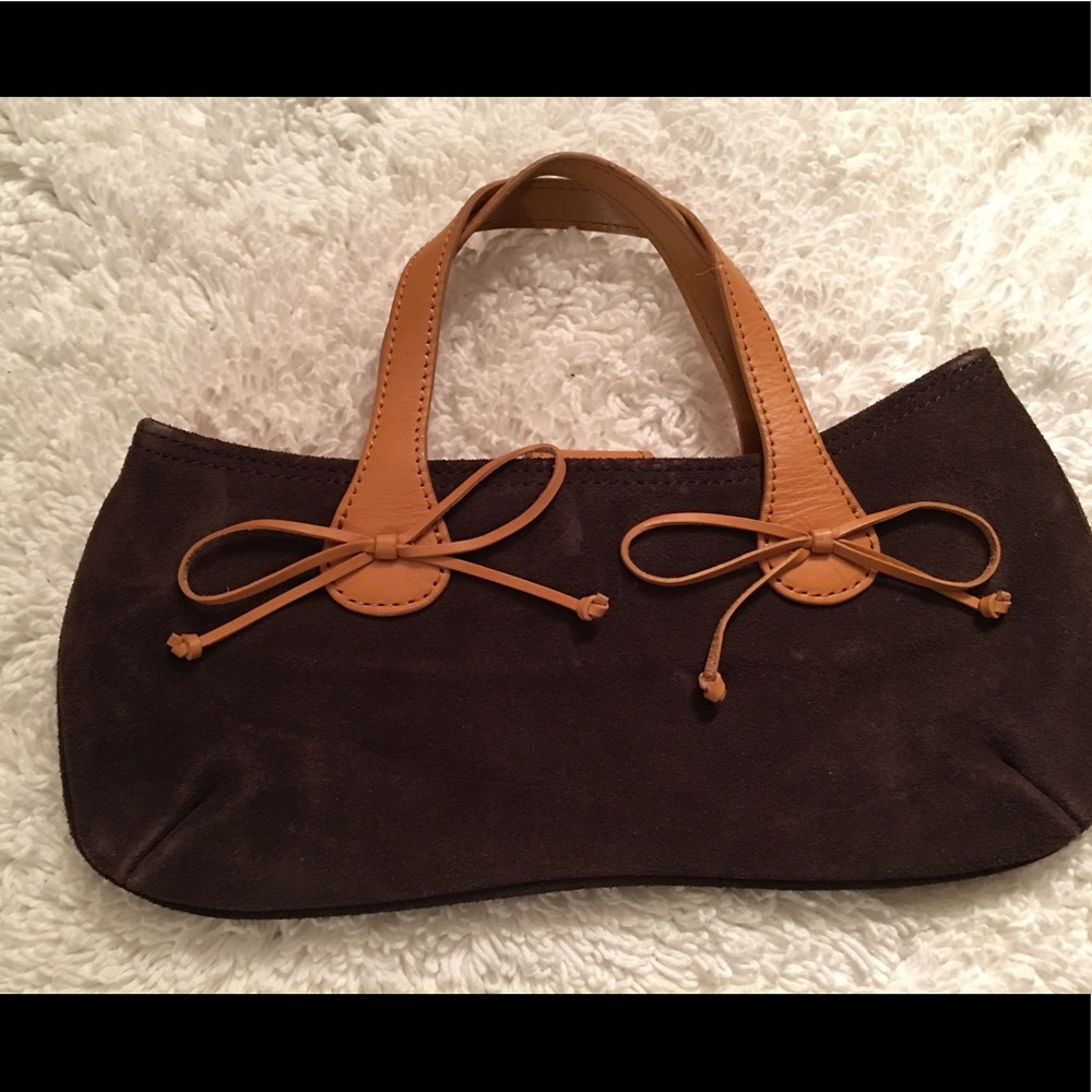 Brown suede little purse with tan leather trim