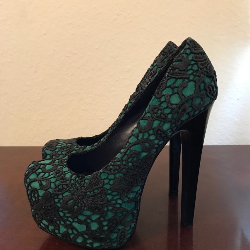 London Trash black lace and green velvet heels