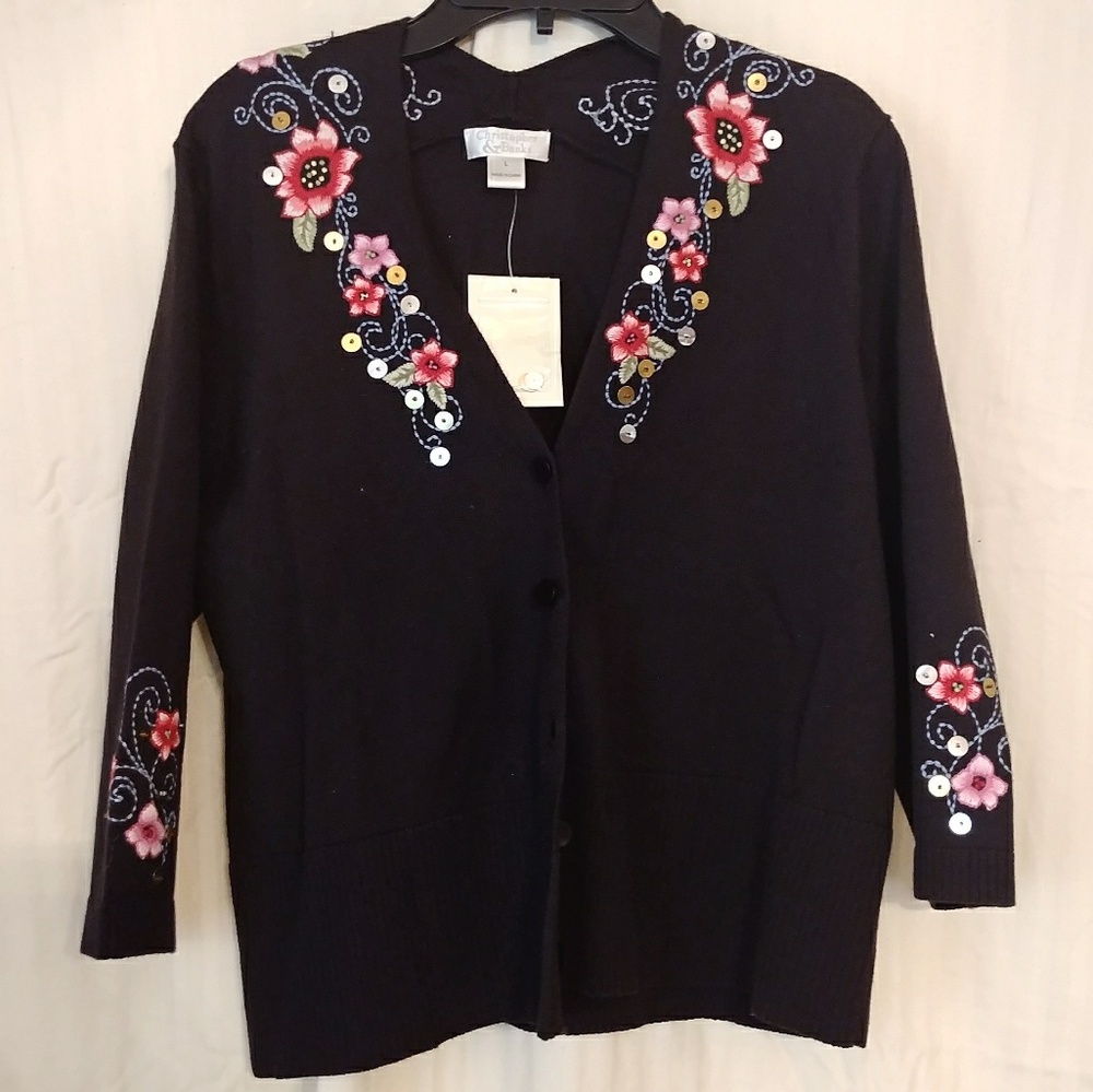 Women's black sweater with pink flowers