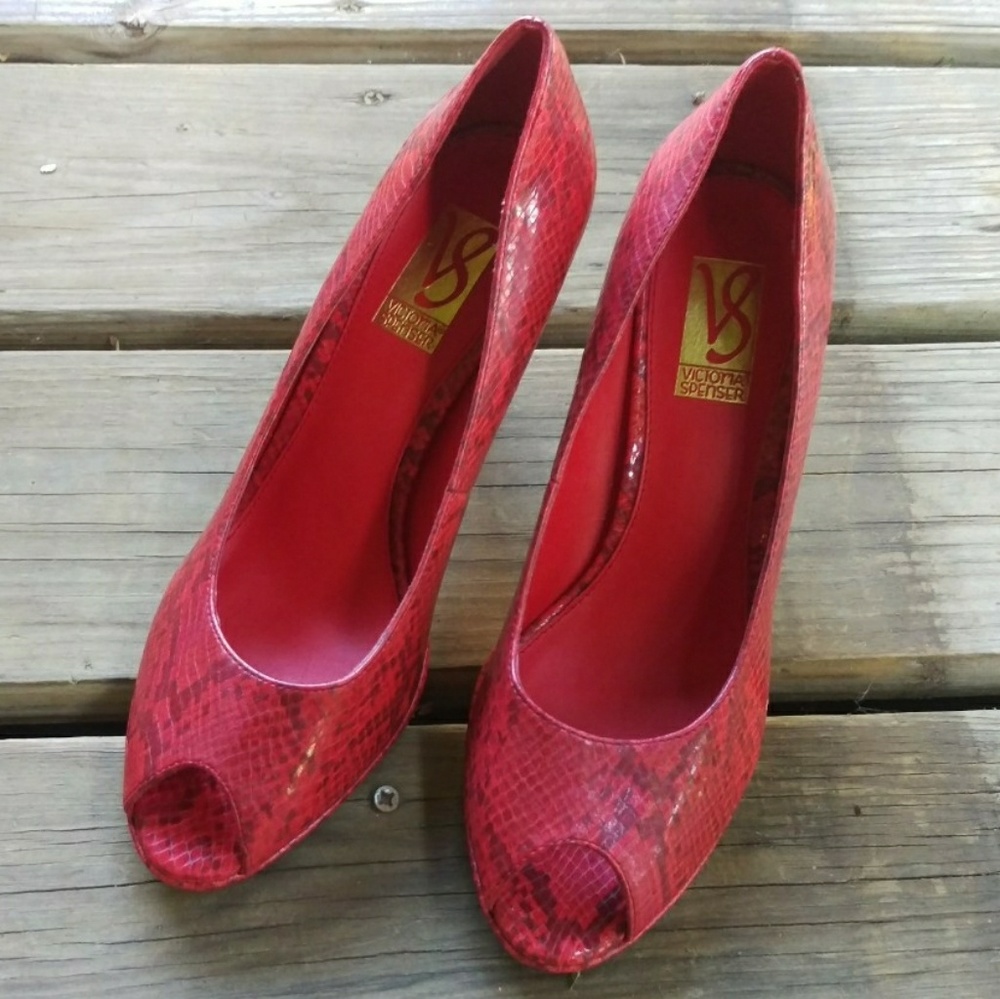 Victoria Spenser Red Faux Snake Skin Heels