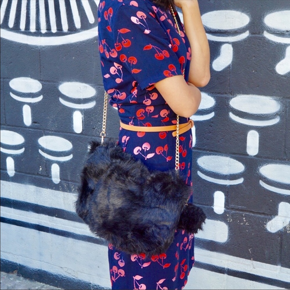 Black faux fur crossbody with Pom Pom