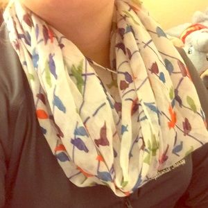 White infinity scarf with multicolored birds