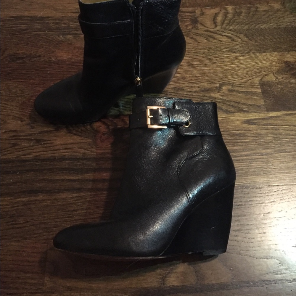 Black leather wedge booties