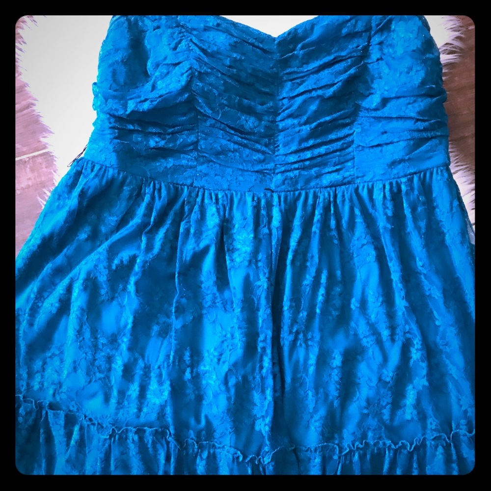 Teal Lace Strapless Knee Length Dress