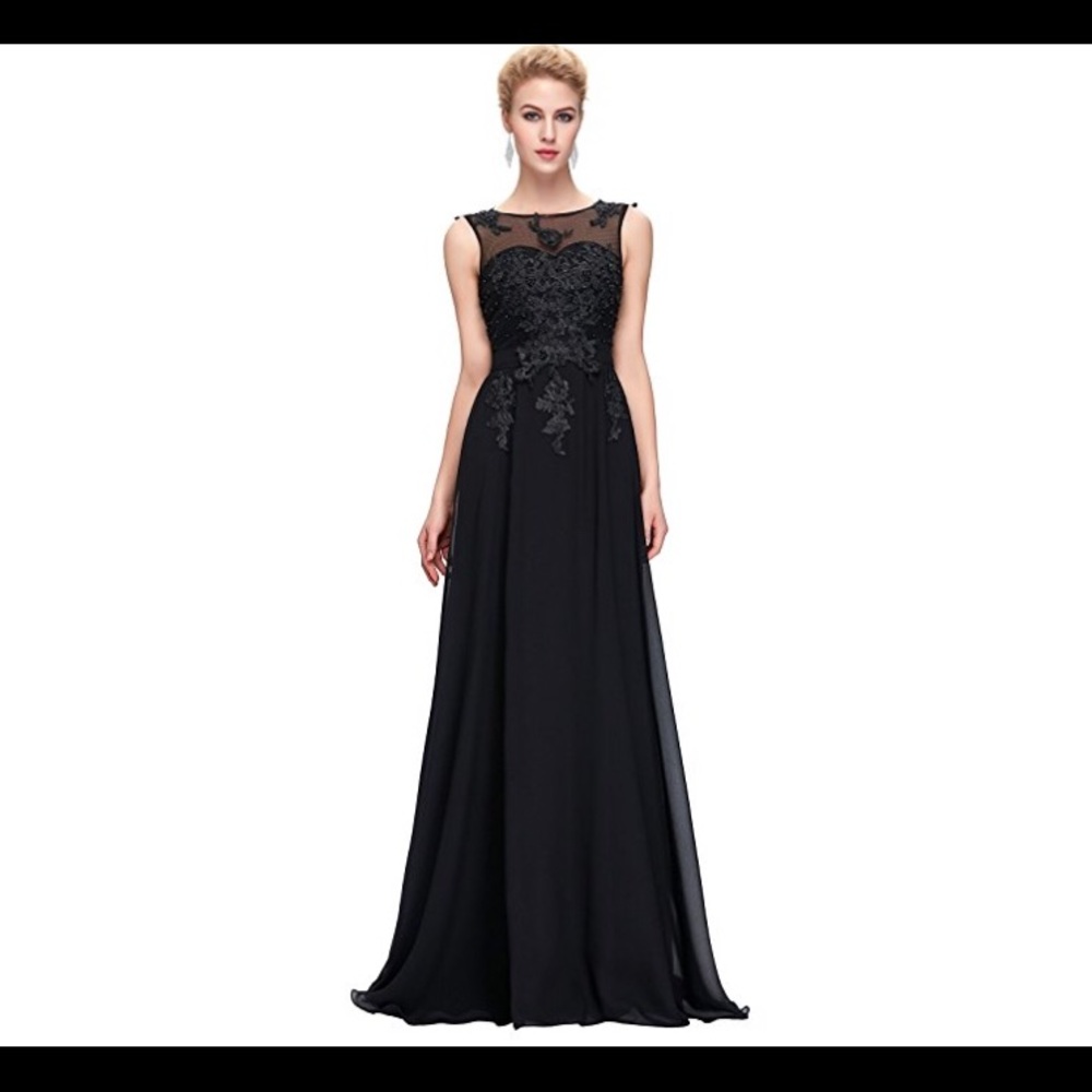 Black evening gown with beading and appliqués