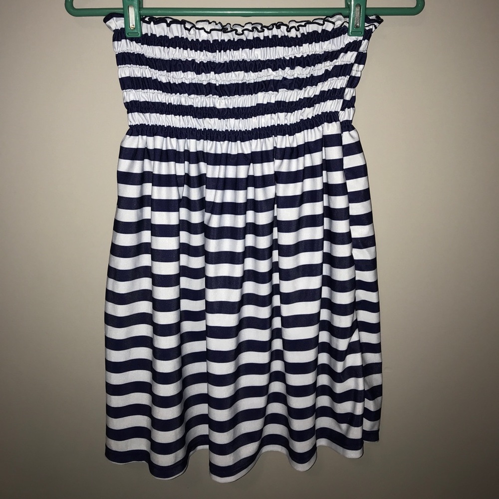Blue/white striped strapless bathing suit coverup