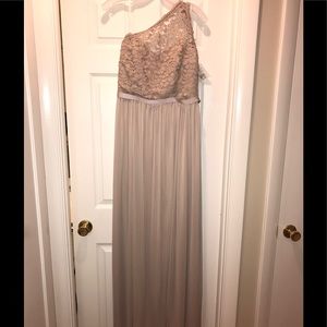 David’s Bridal long one shoulder lace dress