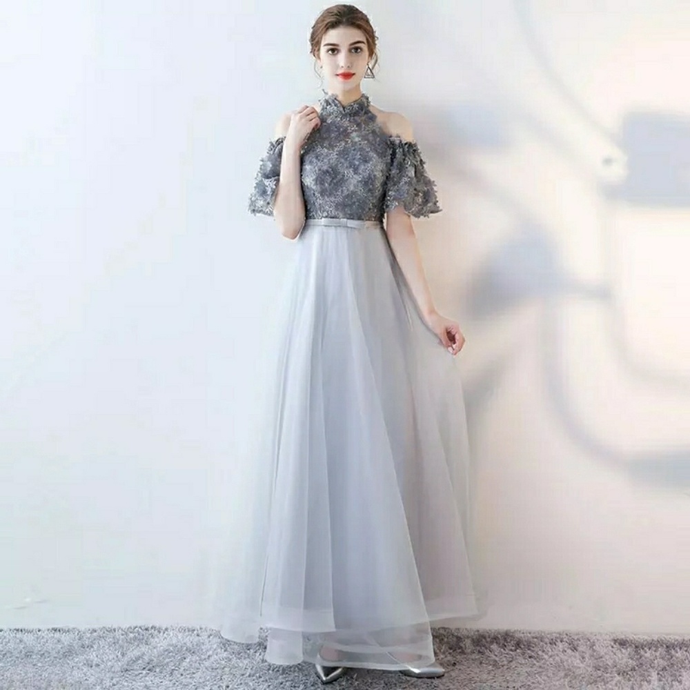 Elegant cold Shoulder Grey long Prom dress