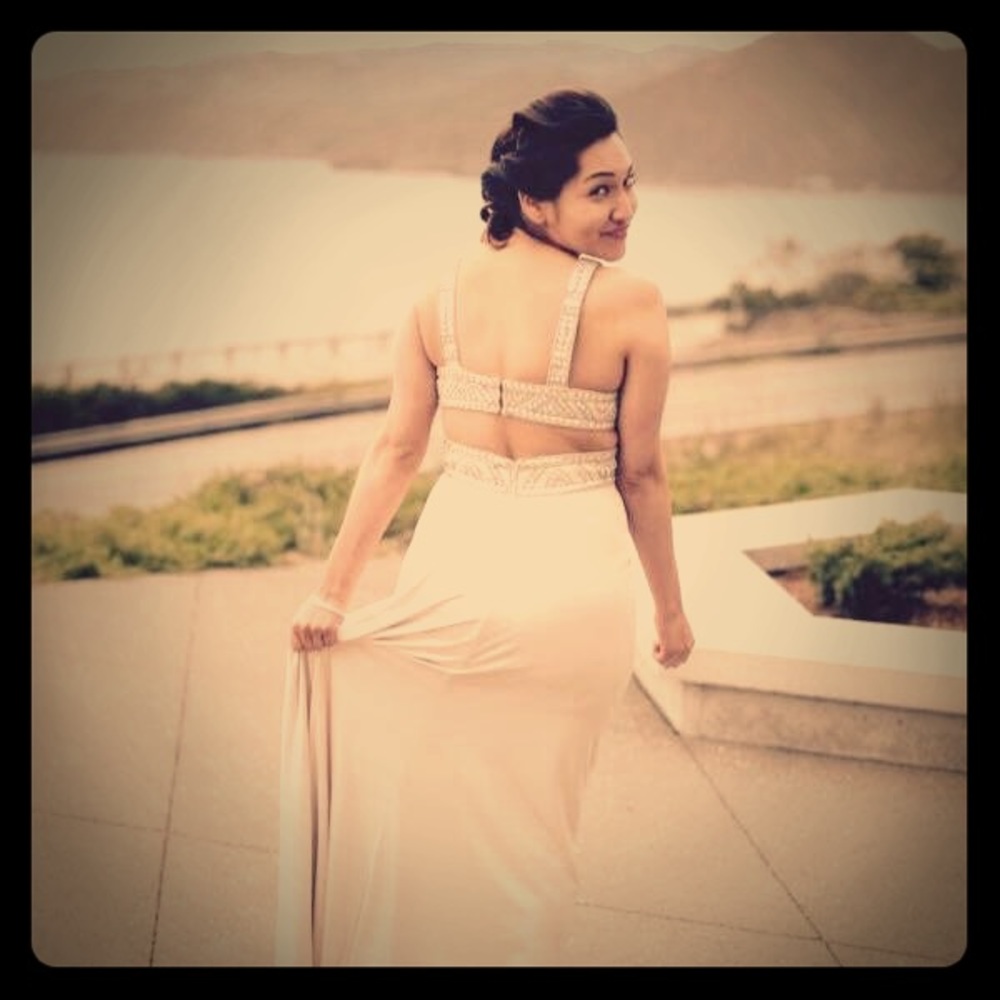 Betsy & Adam Beige Embellished Prom Open Back