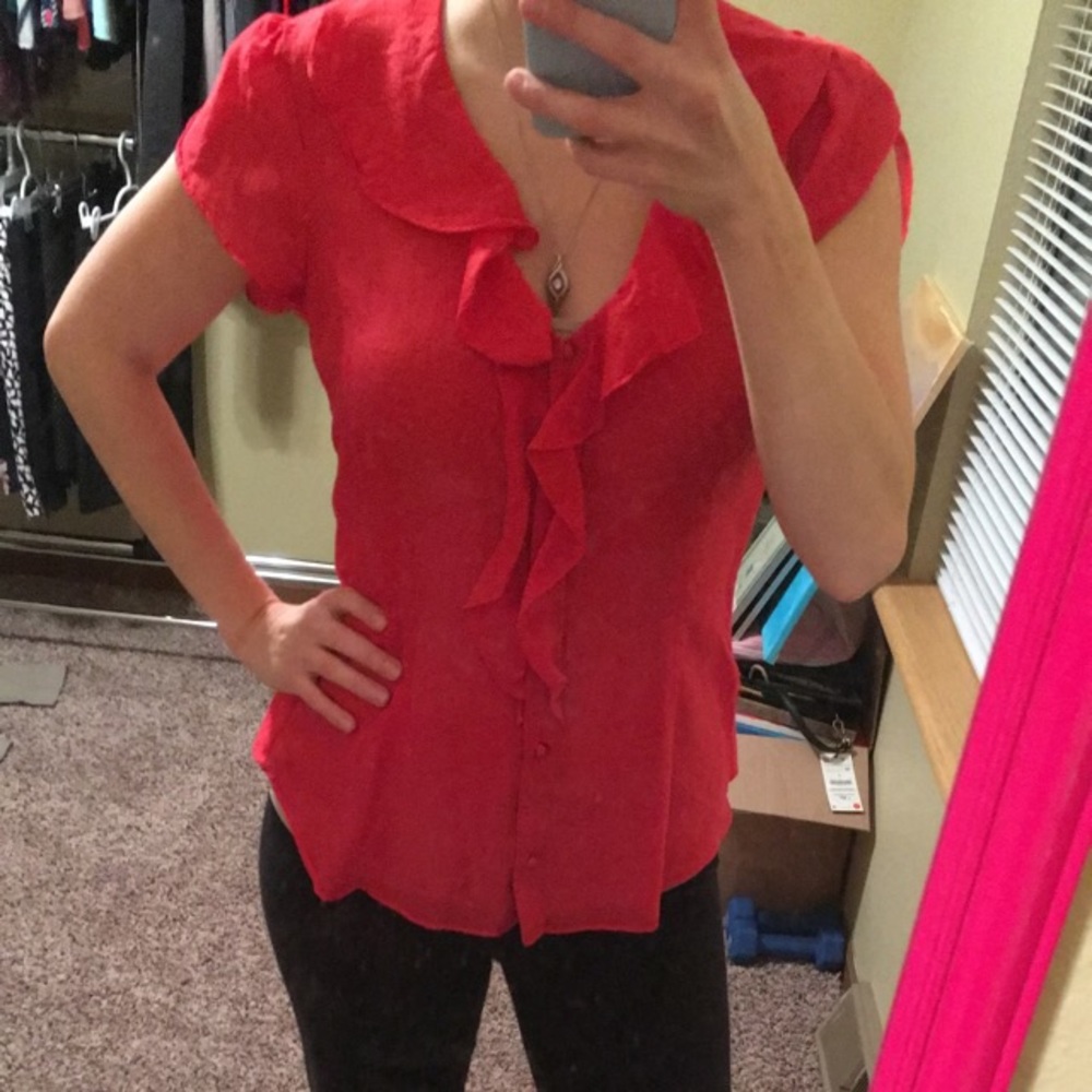Beautiful red ruffled collar button down top