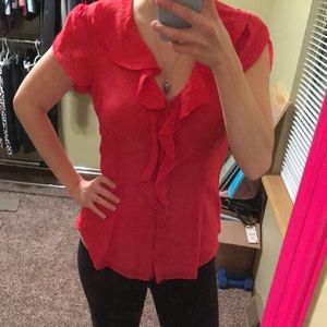 Beautiful red ruffled collar button down top