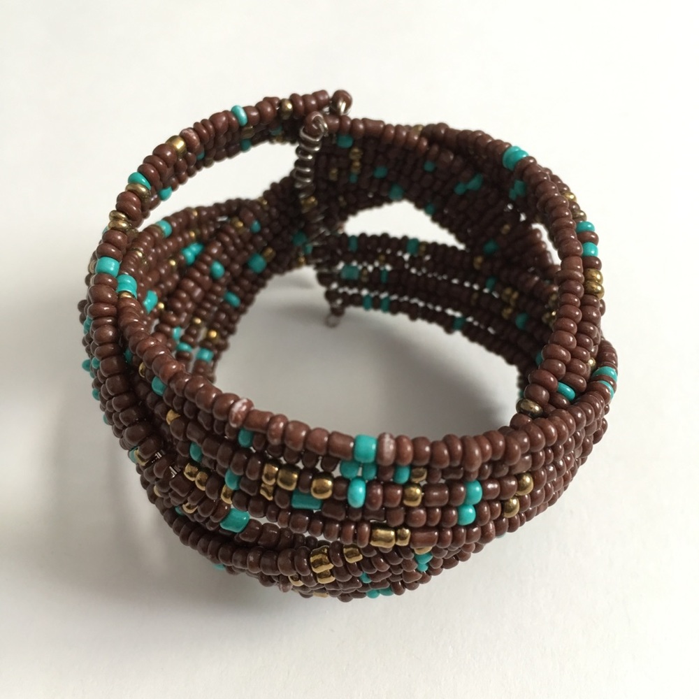 Brown, gold and turquoise beaded bracelet.