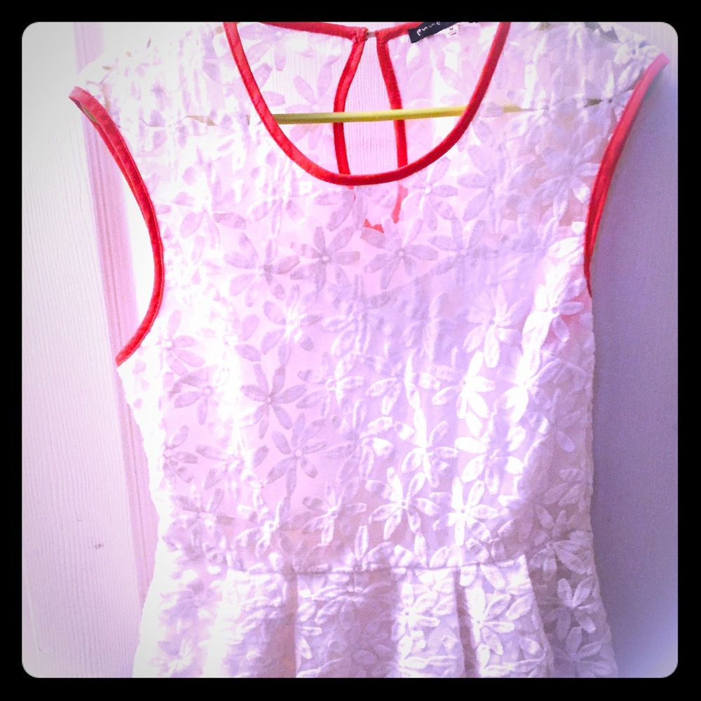 Cute sheer white top with coral colored trim