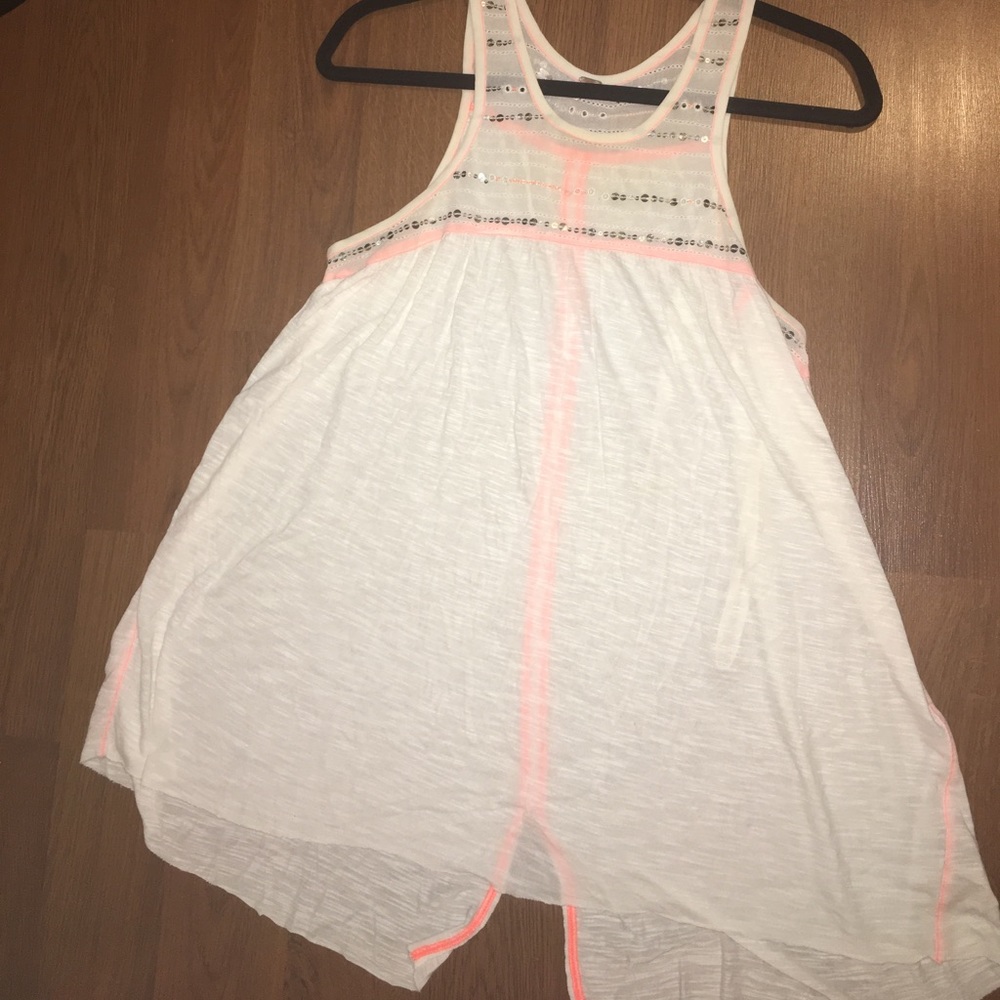 Free People White Blouse with neon & sequin trim