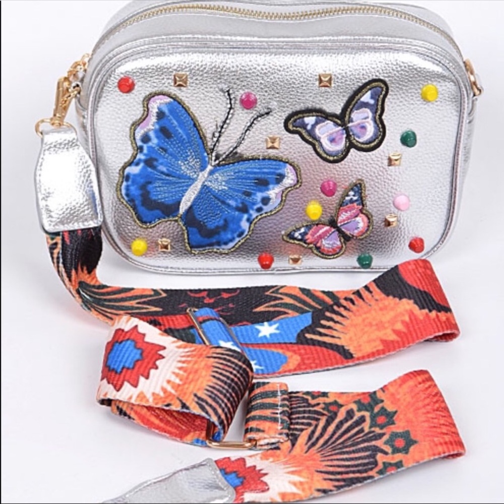 Butterfly embroidery silver crossbody