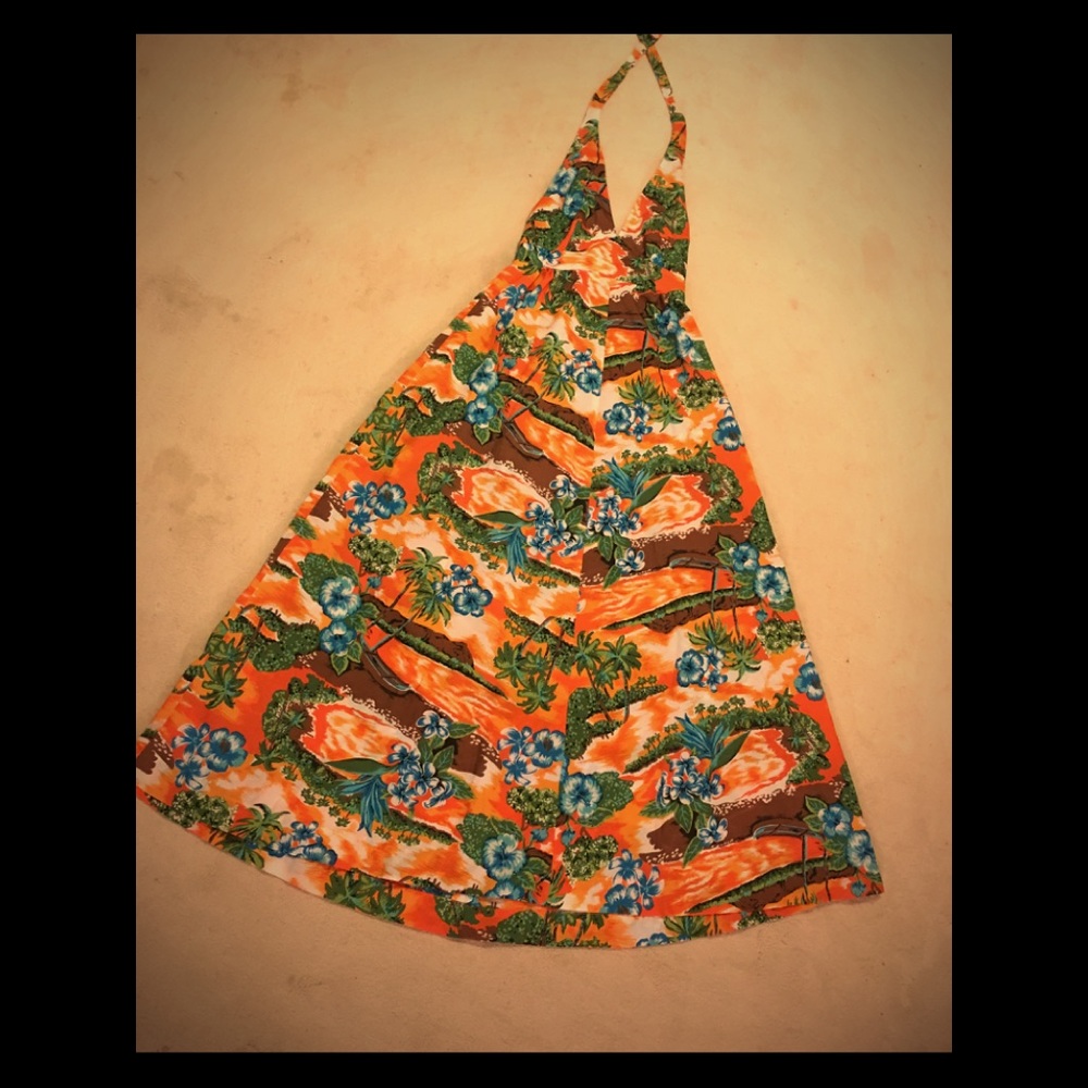 70s Vintage tropical print maxi sun dress