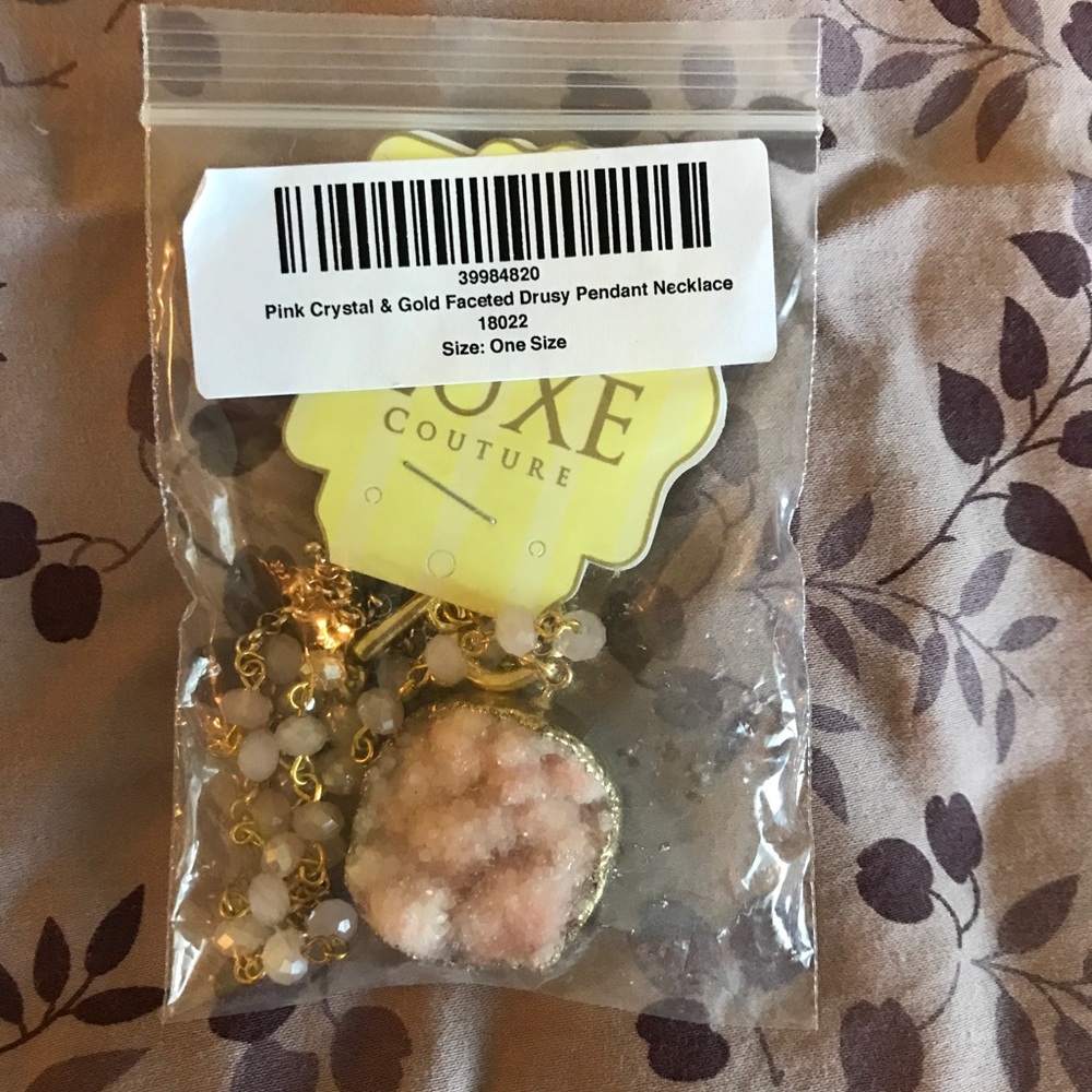 NWT Pink druzy crystal long gold necklace (12”)