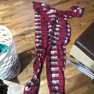 Footy fleece plaid pjs w/ a back door for tall man