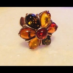 Sterling silver multi-colored amber floral ring.