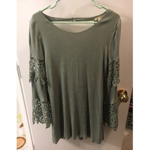Army green lace partial bell sleeve dress