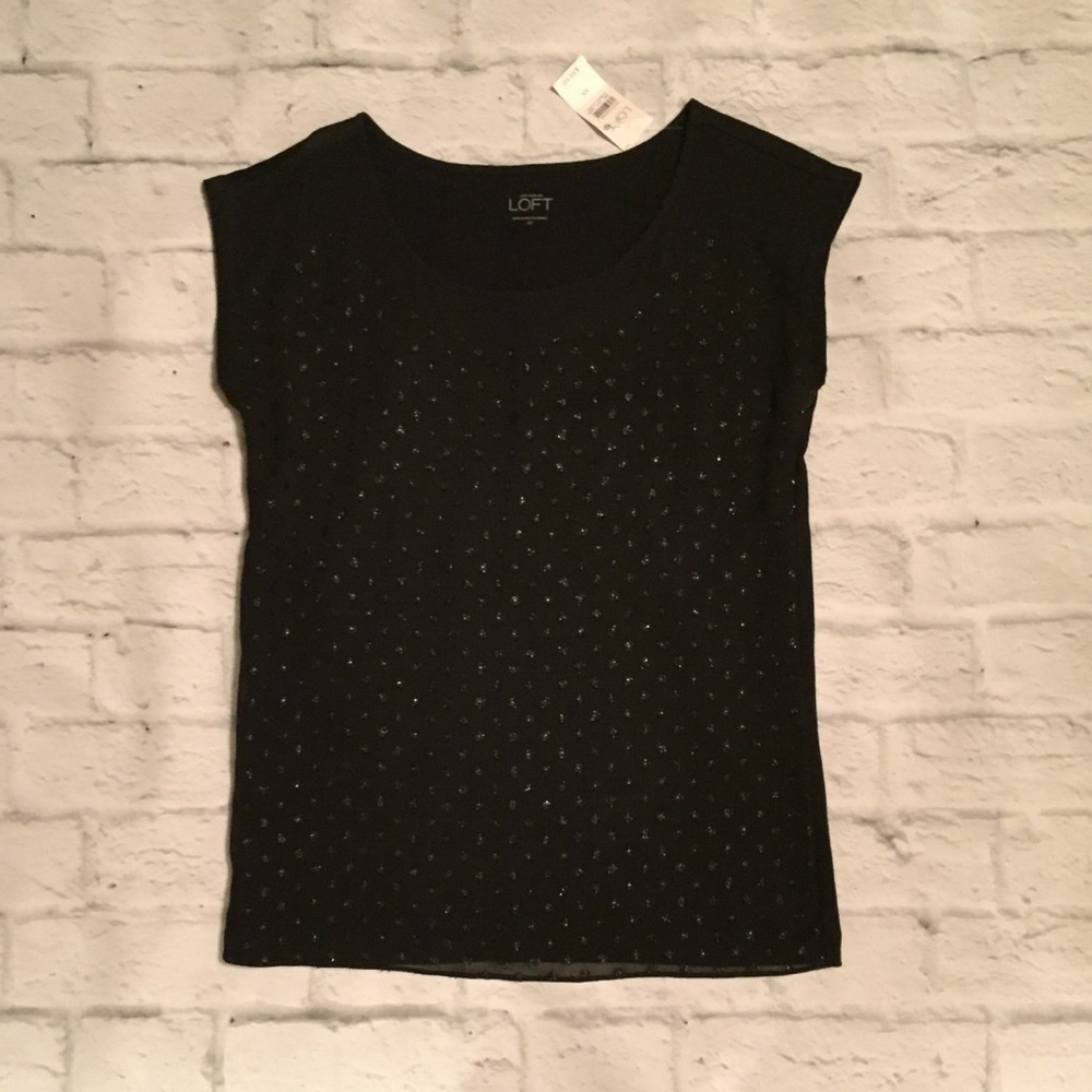 Ann Taylor Loft Black Cap Sleeve Sparkly Top