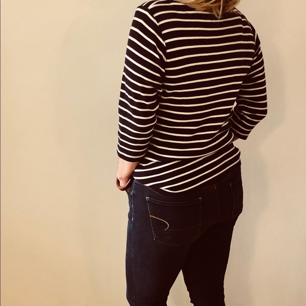Navy blue and white striped three quarter sleeve