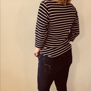 Navy blue and white striped three quarter sleeve