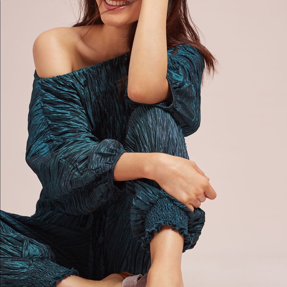 Anthro Metallic Crinkle Cold Shoulder Jumpsuit - Picture 3 of 7