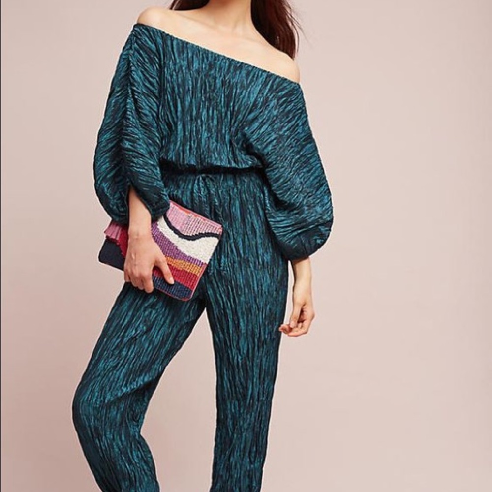Anthro Metallic Crinkle Cold Shoulder Jumpsuit - Picture 6 of 7