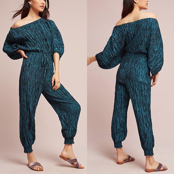 Anthro Metallic Crinkle Cold Shoulder Jumpsuit - Picture 2 of 7