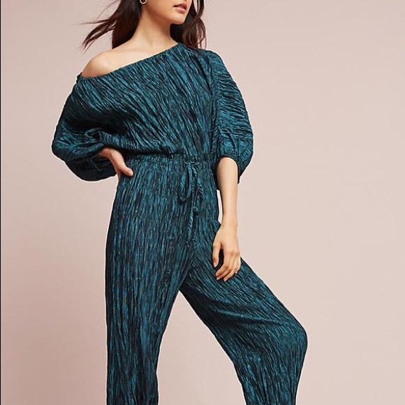 Anthro Metallic Crinkle Cold Shoulder Jumpsuit - Picture 5 of 7